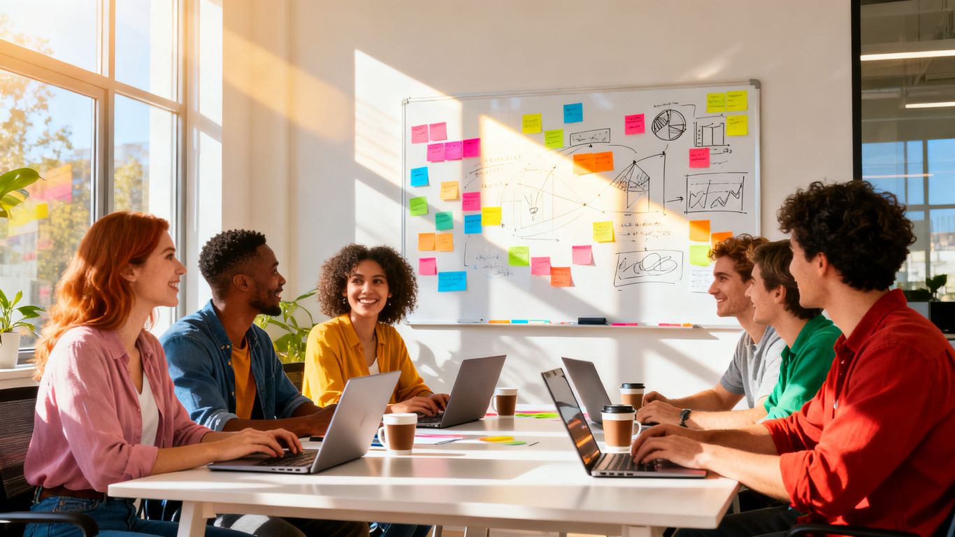 Team brainstorming in a bright, modern office.