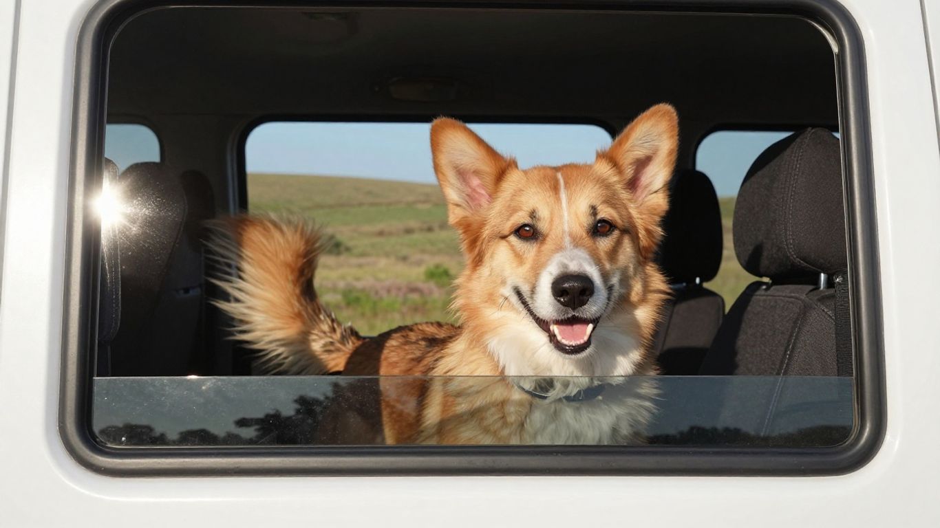 Dog enjoying a motorhome trip with scenic background.