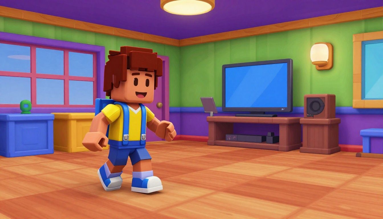 Um jogador explorando um mundo vibrante e colorido dentro do ambiente do Roblox