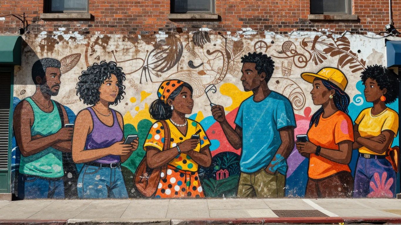 Mural colorat pe un perete de cărămidă, oameni interacționând.