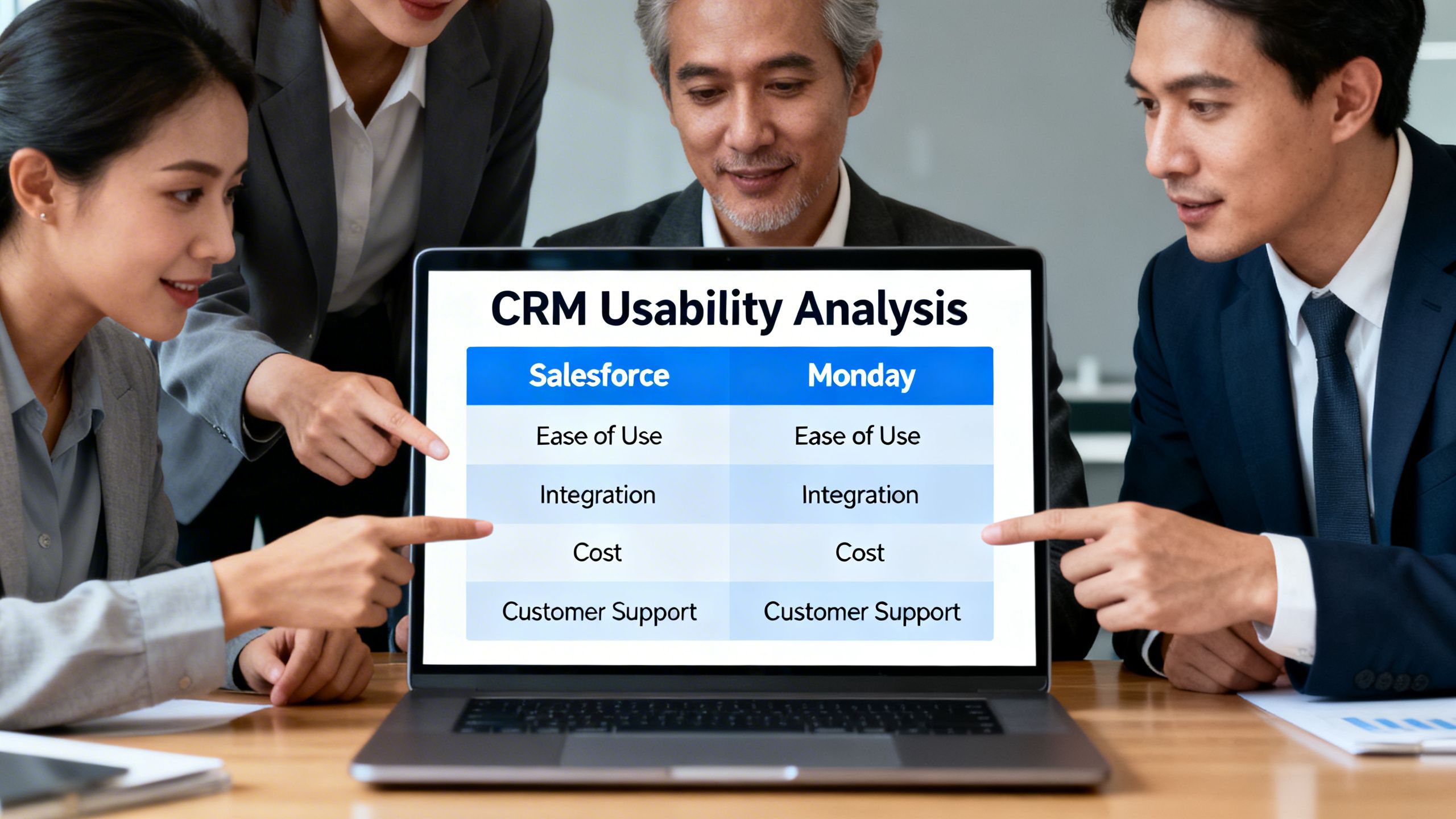A business team collaborating around a laptop, comparing different CRM software options on a chart, illustrating a Salesforce vs Monday usability analysis
