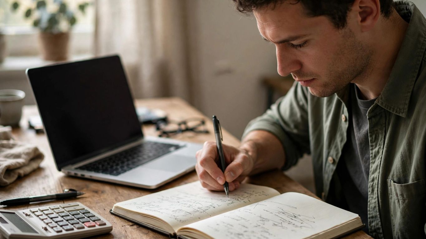 A trader writing a simple risk plan beside a laptop