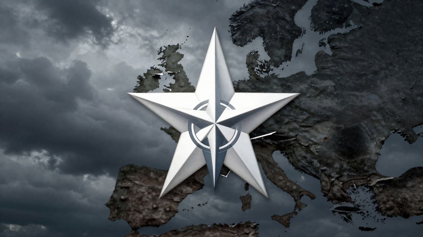Fractured NATO emblem against a stormy European sky.