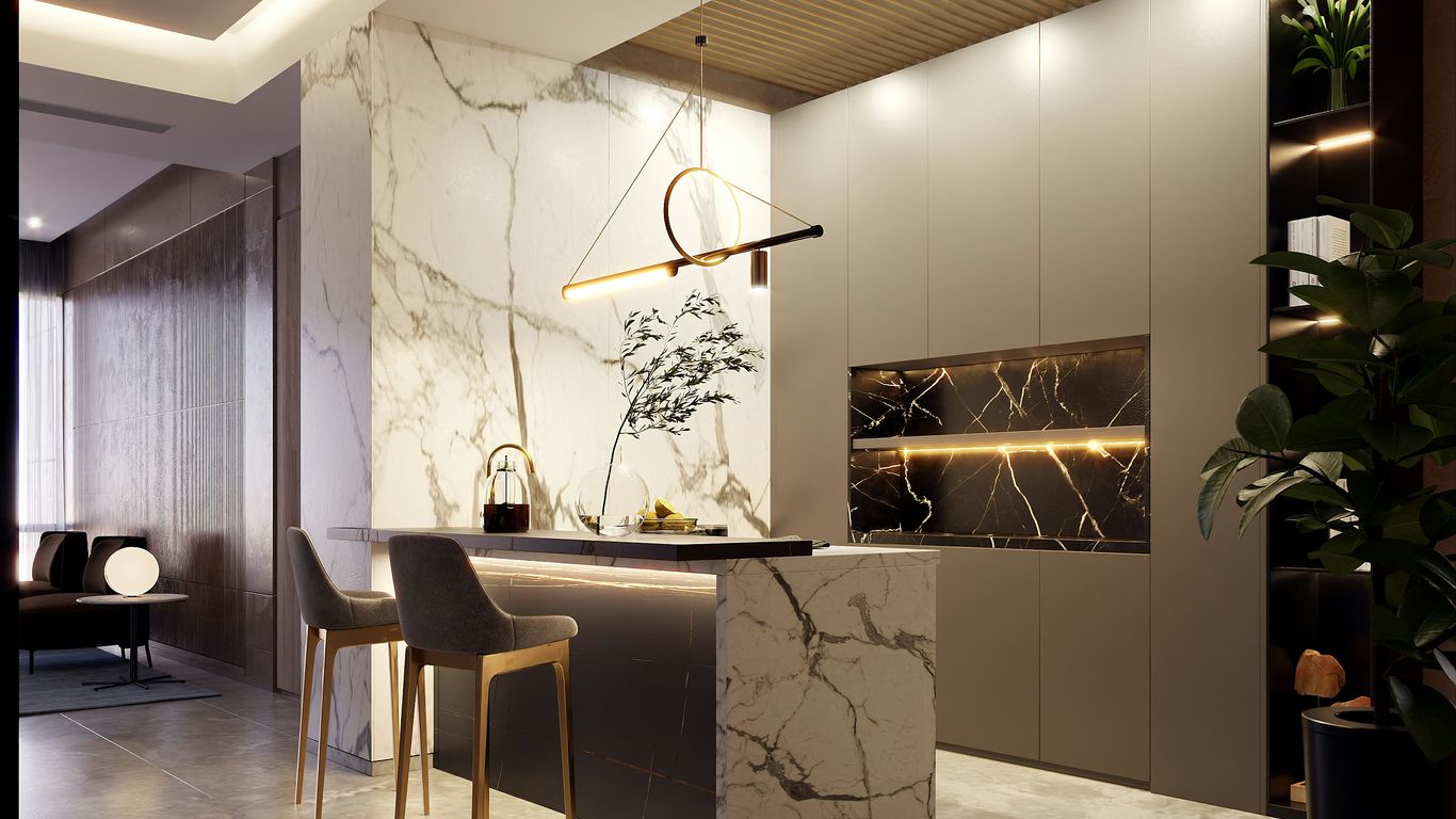 Bespoke stone island in refined kitchen interior