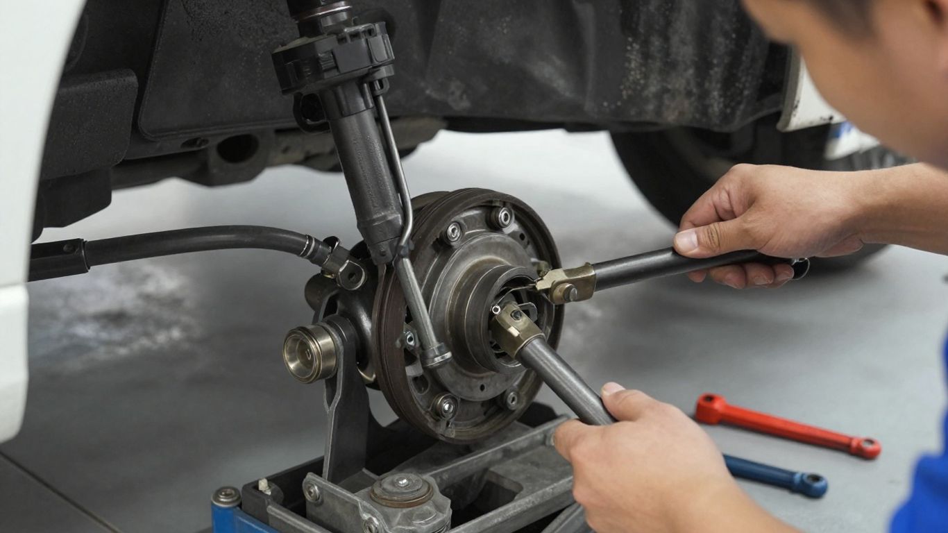 Mechanic inspecting steering rack beneath vehicle