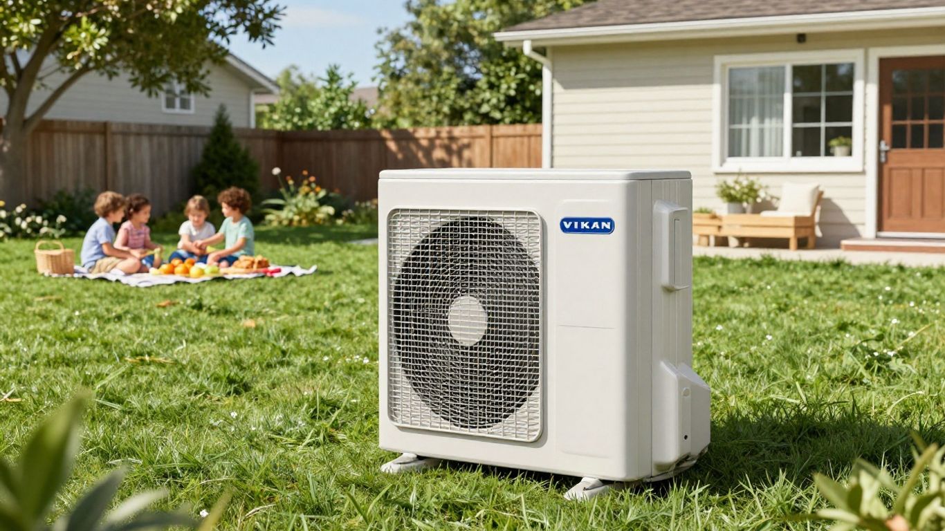 Viking AC unit in a sunny backyard with a family relaxing.