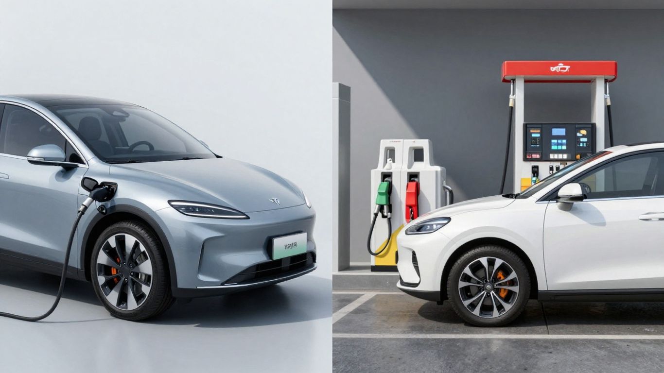 Elektroauto lädt, Benziner tankt