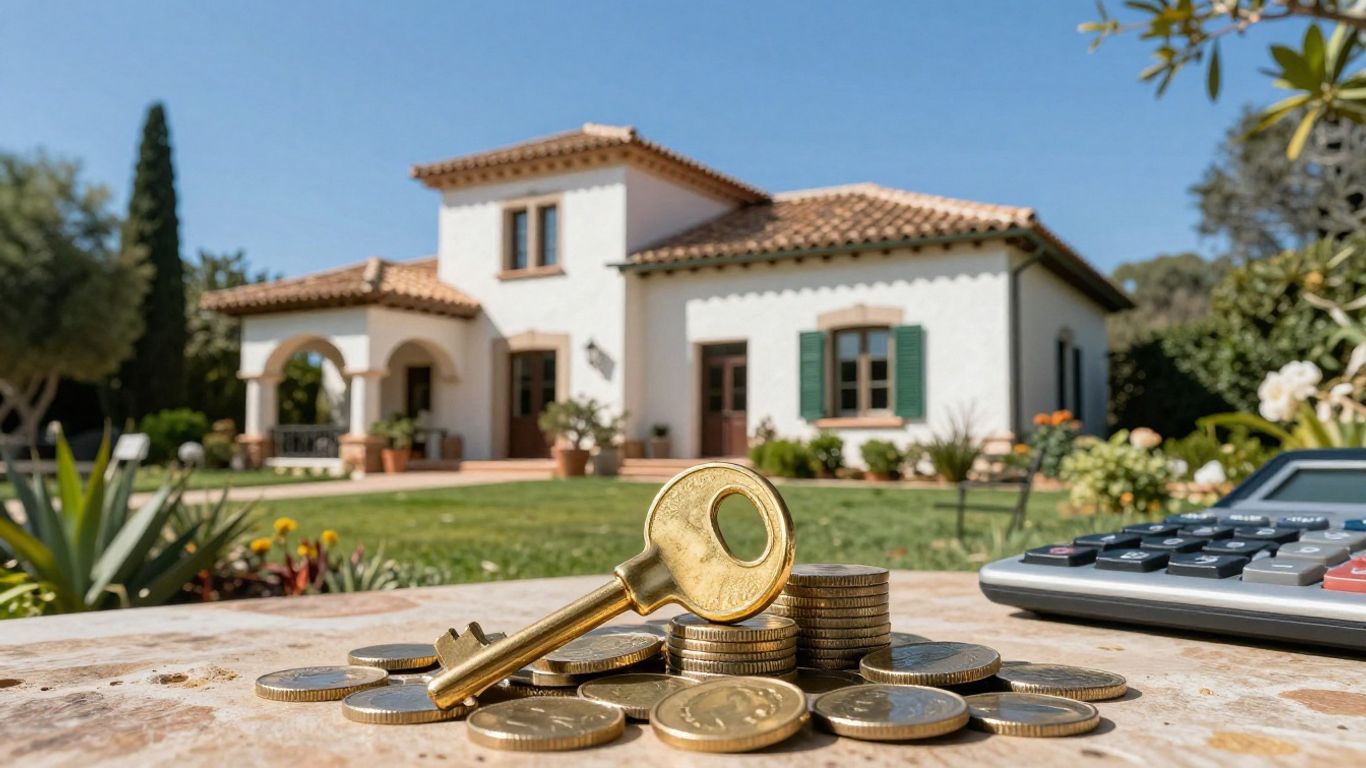 Spanish villa, golden key, coins, property tax calculation