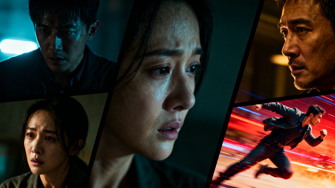 Collage of film stills from thrillers, dramas, and action movies.