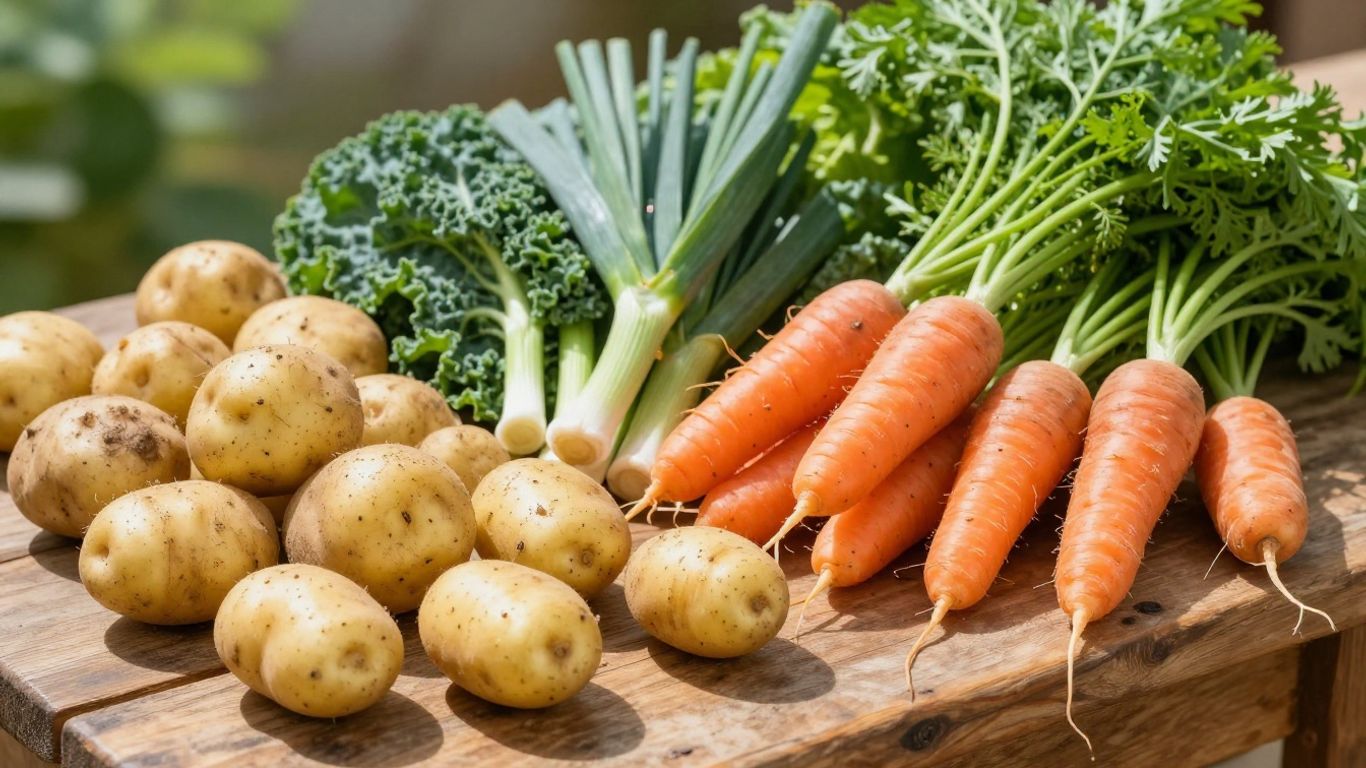 Biologische aardappelen en lokale groenten op een tafel.