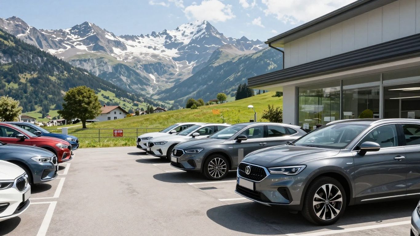 Schweizer Autohaus mit modernen Autos und Alpen im Hintergrund.