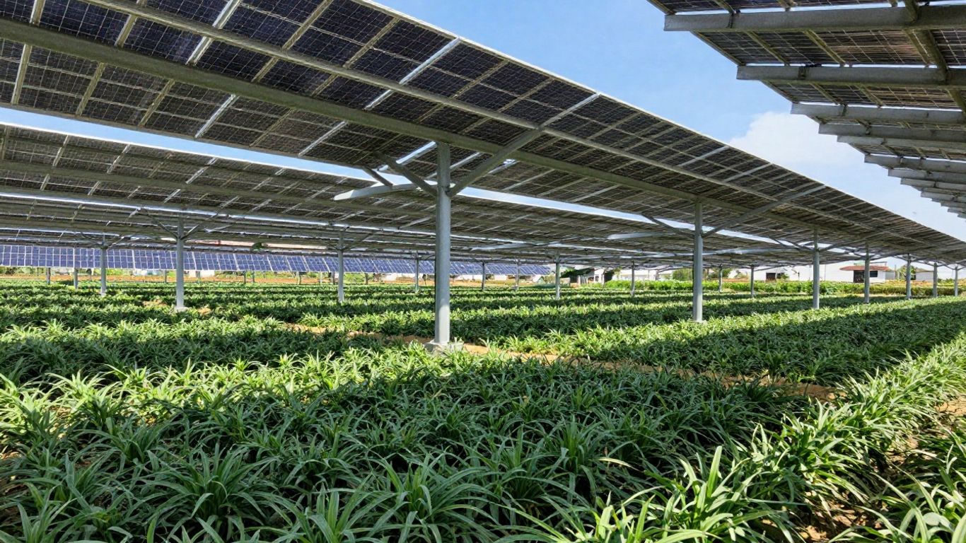 Ombrière photovoltaïque au-dessus de cultures agricoles sous le soleil.