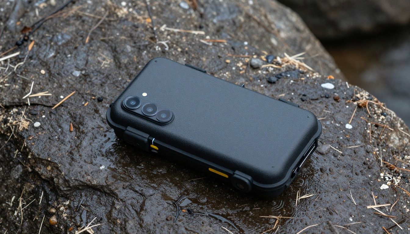 A Samsung Galaxy S25 inside a rugged waterproof case, resting on a wet rock near a coastal hiking trail.