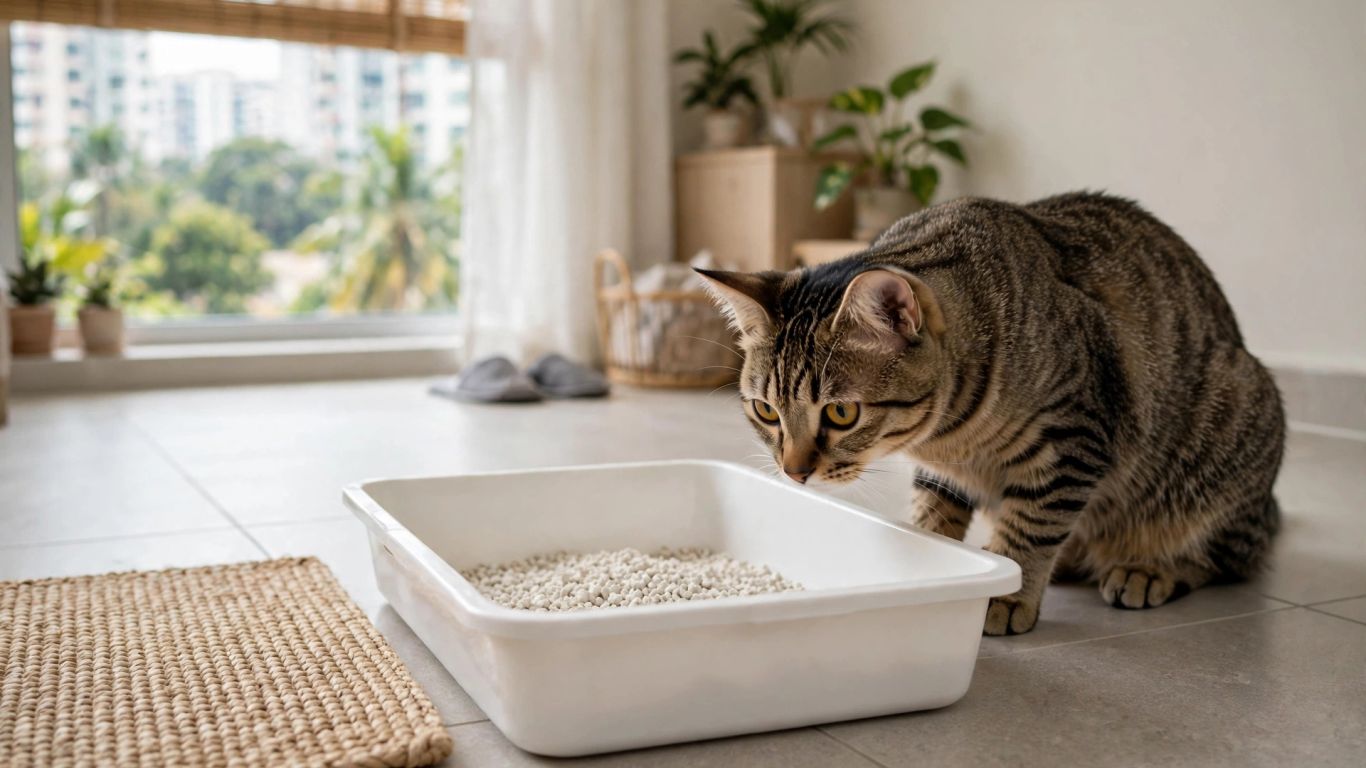 Cat inspecting a clean litter tray at home