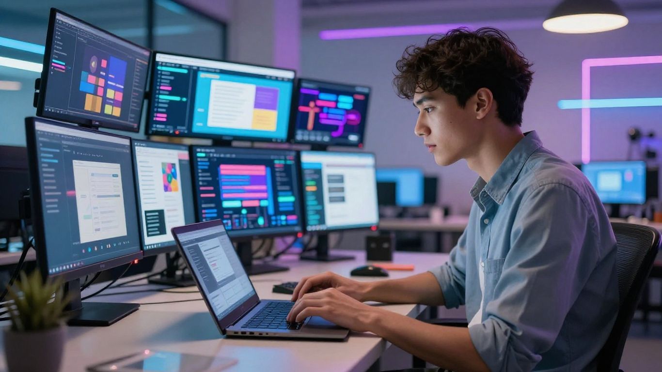 Profissional jovem analisando campanhas de tráfego pago futuristas