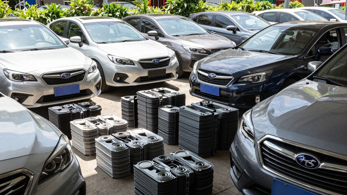 Subaru car parts and vehicles at a wrecking yard.