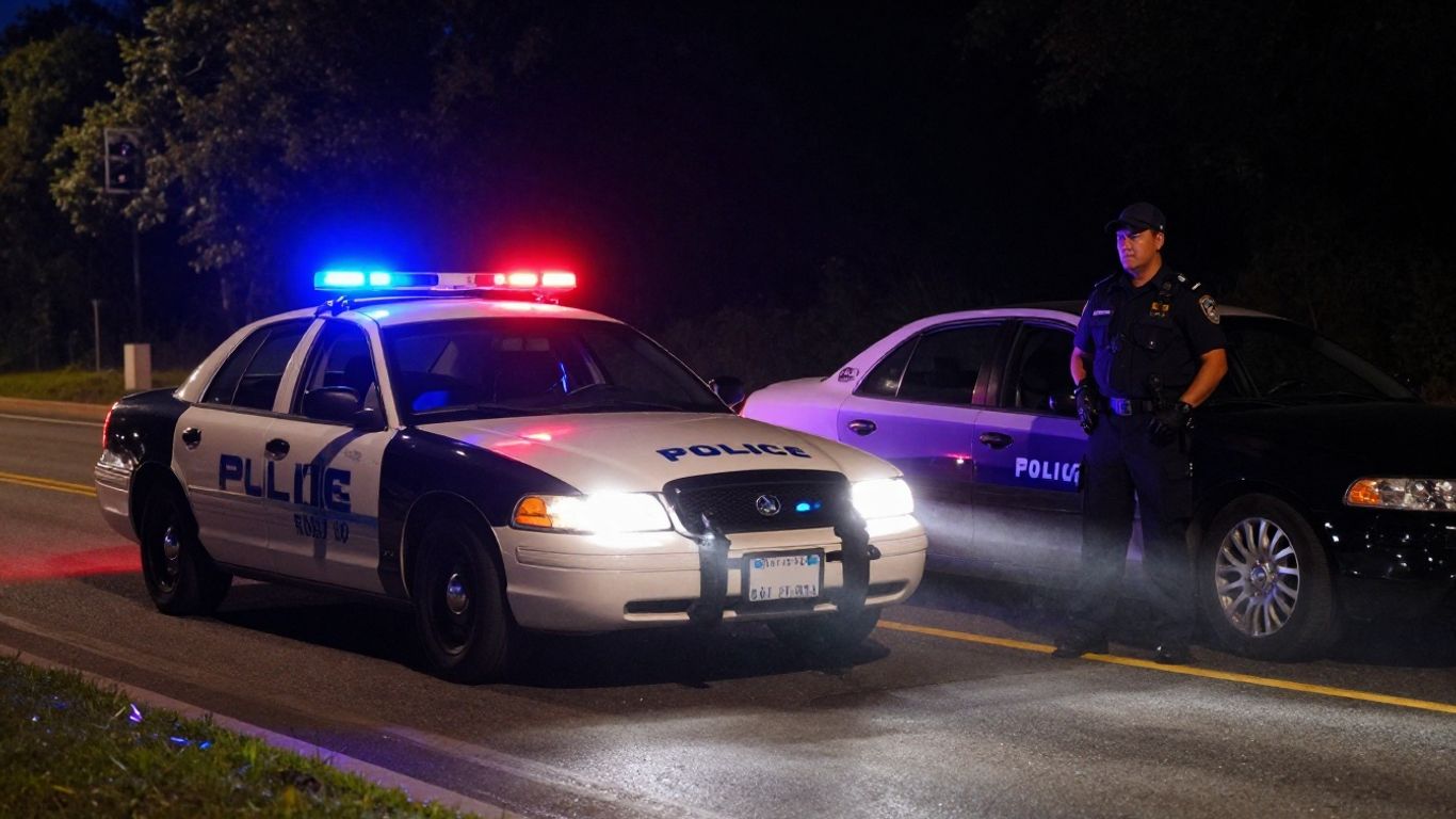 Police DUI checkpoint at night with flashing lights.