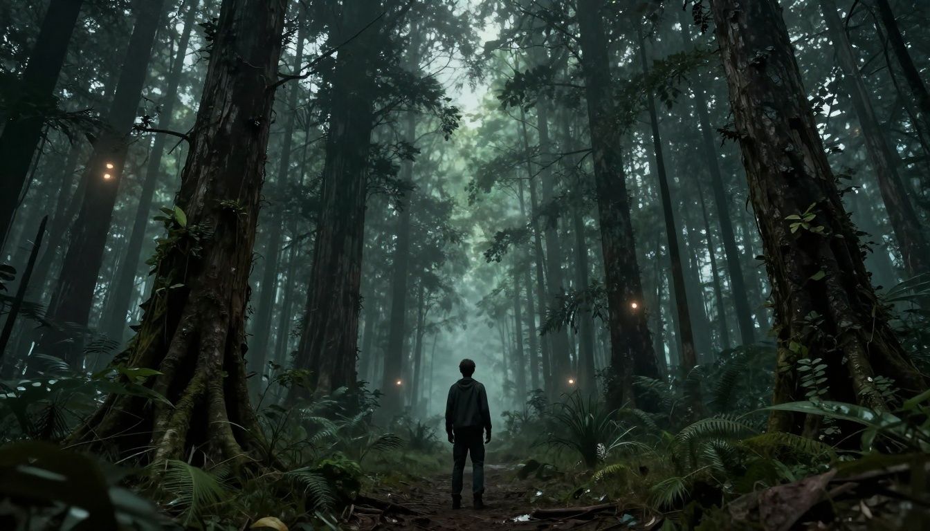 Um sobrevivente explorando uma floresta densa e sombria à noite, cercado por árvores altas e luzes misteriosas ao fundo, estilo survival horror.