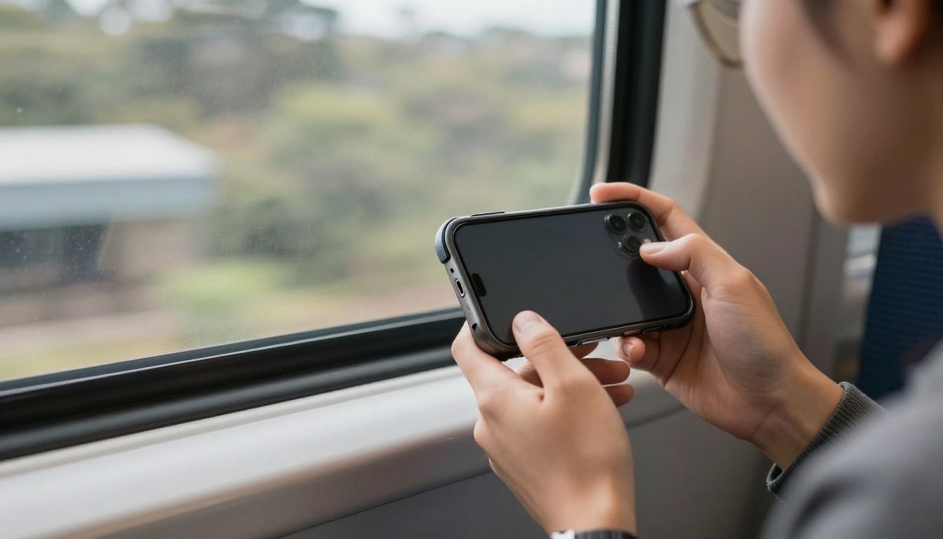 A person travelling on a train in Australia, looking at their iPhone 16 Plus which is in a slim but durable travel case.