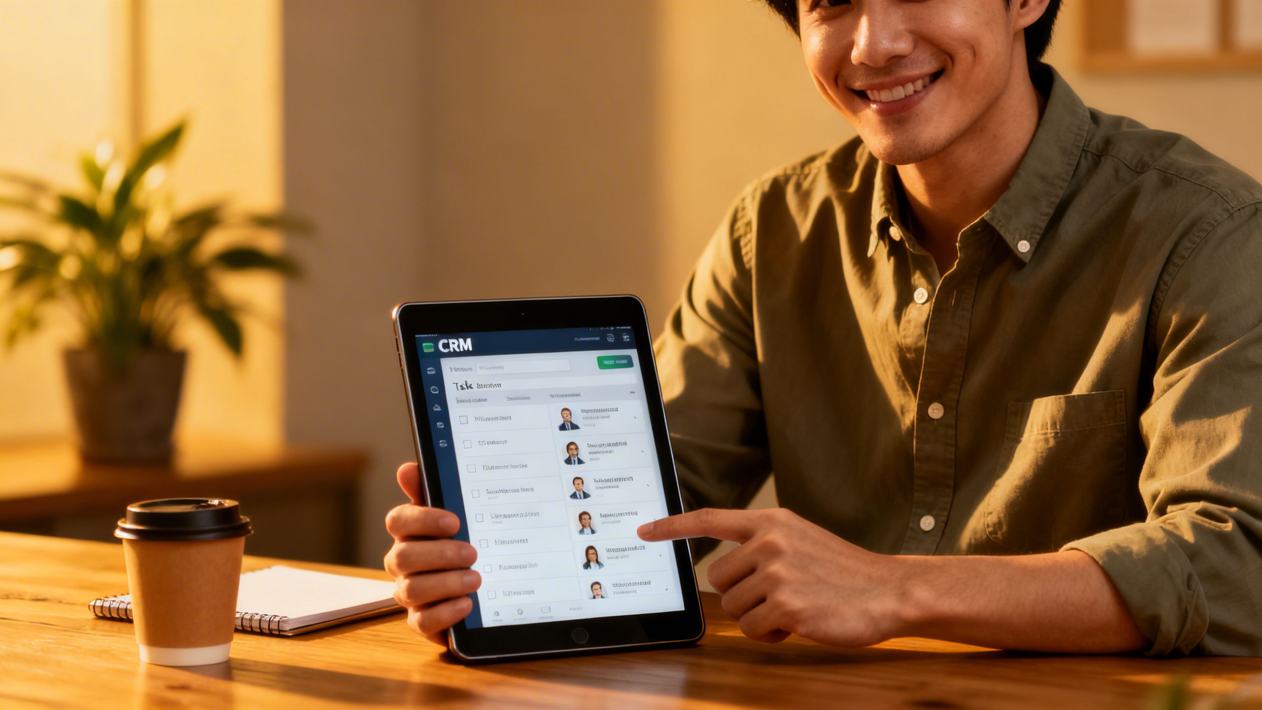 A small business owner smiling while easily managing customer tasks on a tablet, representing CRM usability