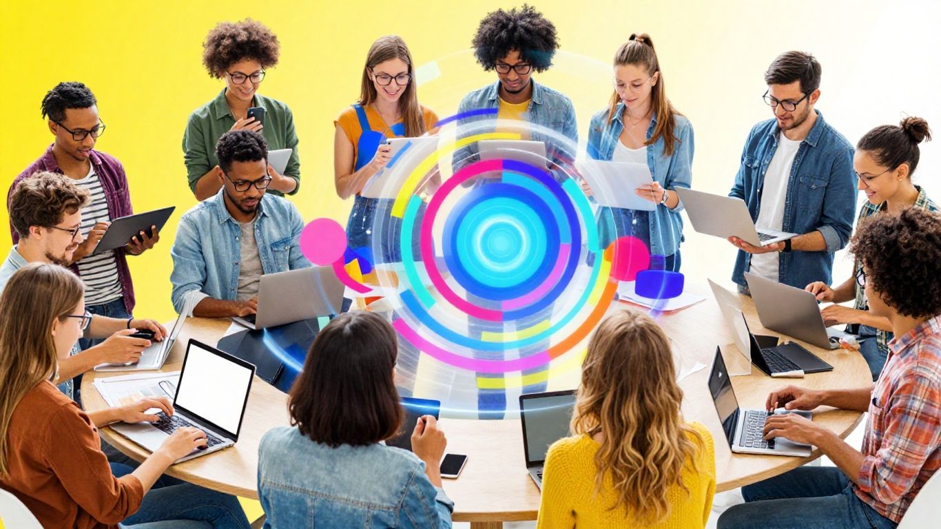 People interacting with technology and digital elements.