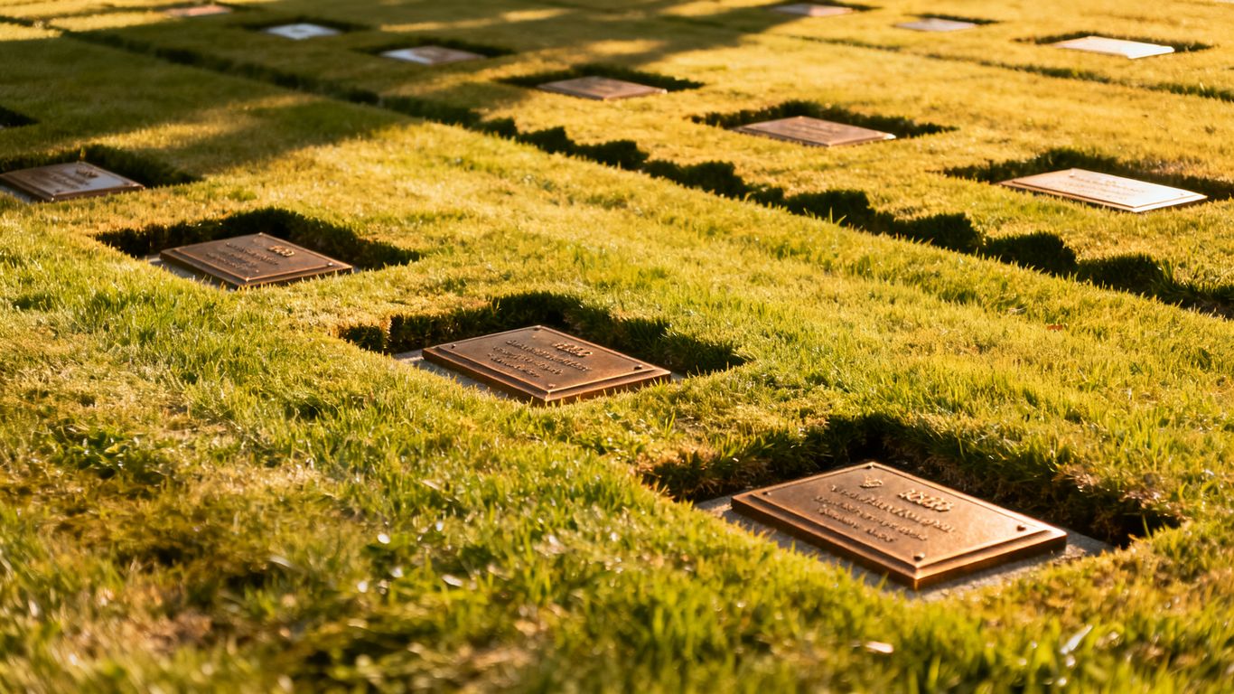 A view of manicured cemetery grass with flush metal markers