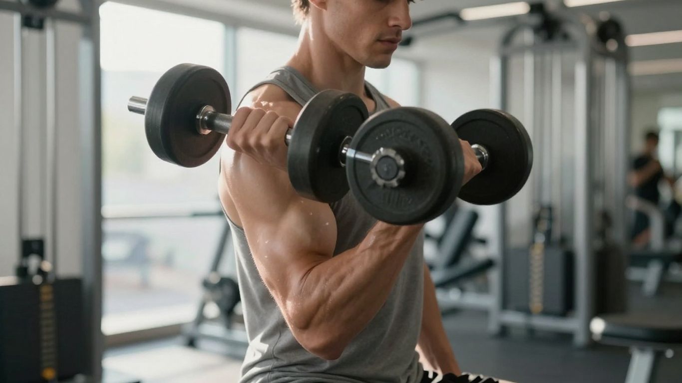 Beginner doing a dumbbell bicep curl in a gym.