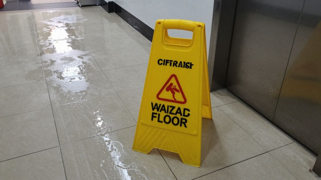 Wet floor sign on a slippery commercial property floor.