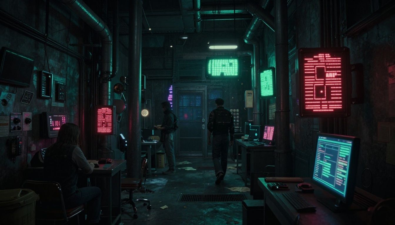 Um beco escuro e úmido de Night City detalhando a atmosfera distópica com hologramas brilhantes e estilo tech-noir