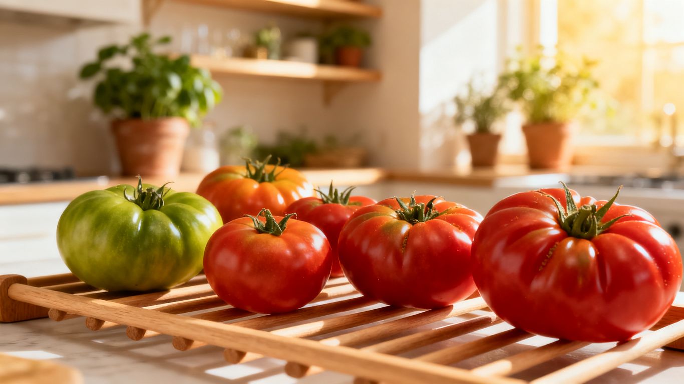 Regale mit verschieden reifen Tomaten