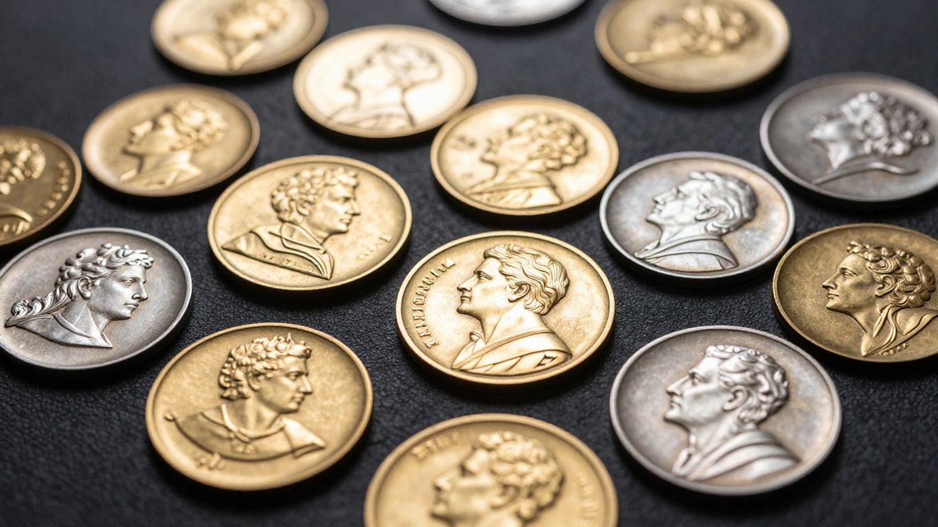 Collection of shiny gold and silver medallions