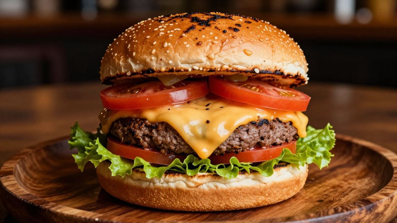 Juicy burger with melted cheese and fresh toppings on a bun.