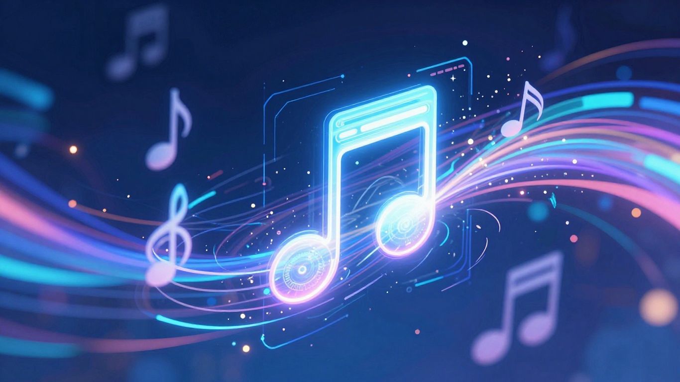 AI music video generator interface with swirling notes and light.