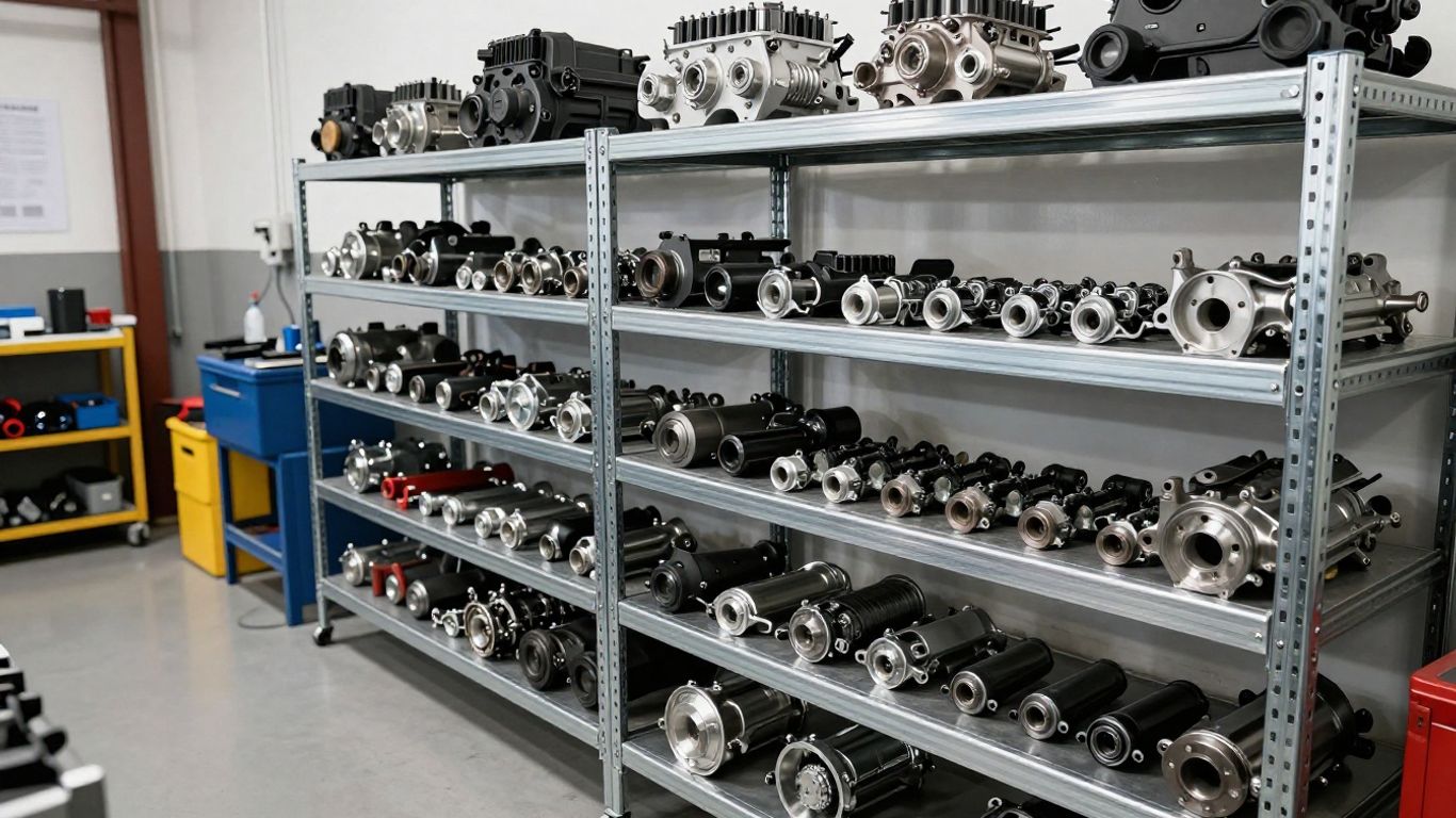 A clean facility showing organized auto parts racks