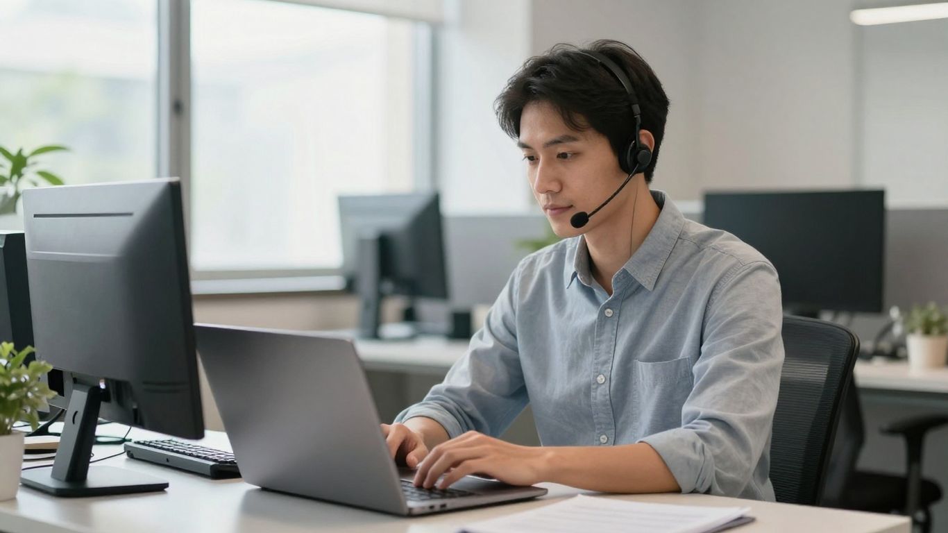 IT support technician working on a laptop in an office.
