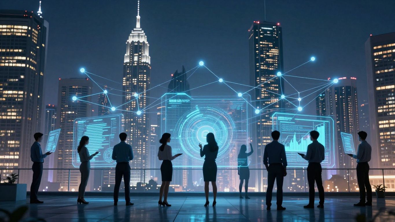 Futuristic cityscape with digital networks and professionals.