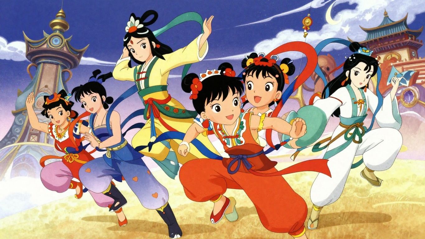 Vibrant Chinese animation characters in a fantastical setting.