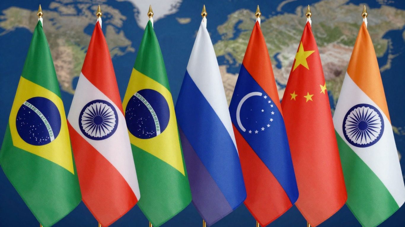 BRICS flags against a backdrop of global conflict.
