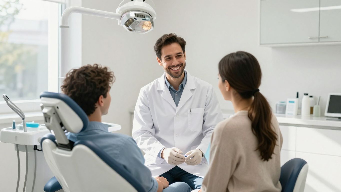 Dentist smiling with a patient in a modern dental office.