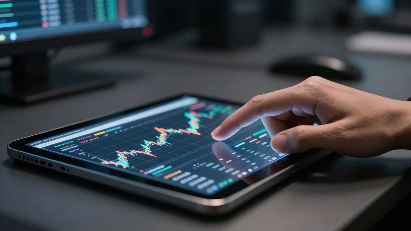 Forex trading desk with hand on tablet.