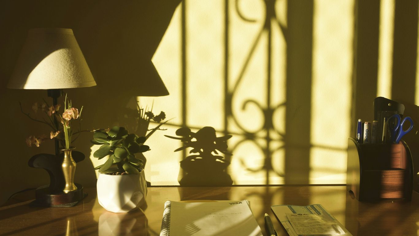 A clean desk with natural morning sunlight