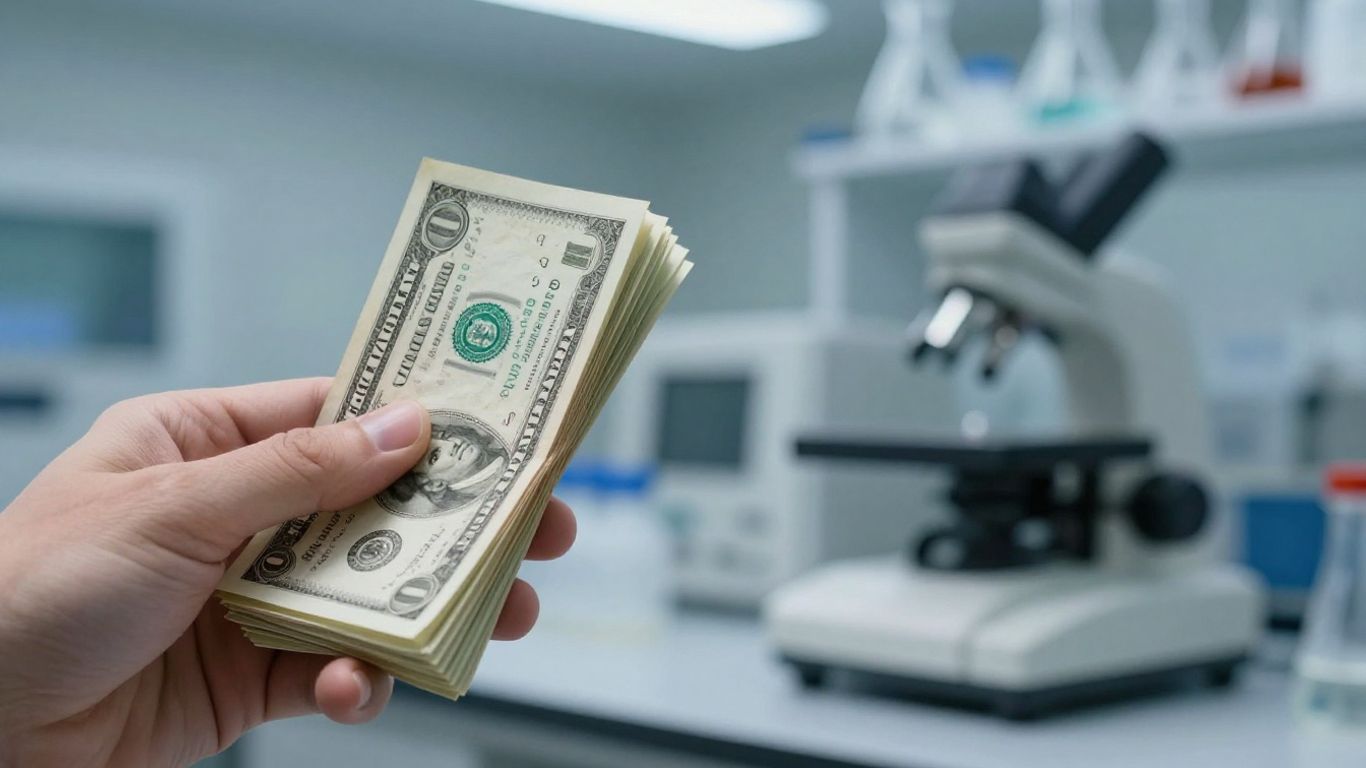 Dollar bills and laboratory equipment for SARM savings.