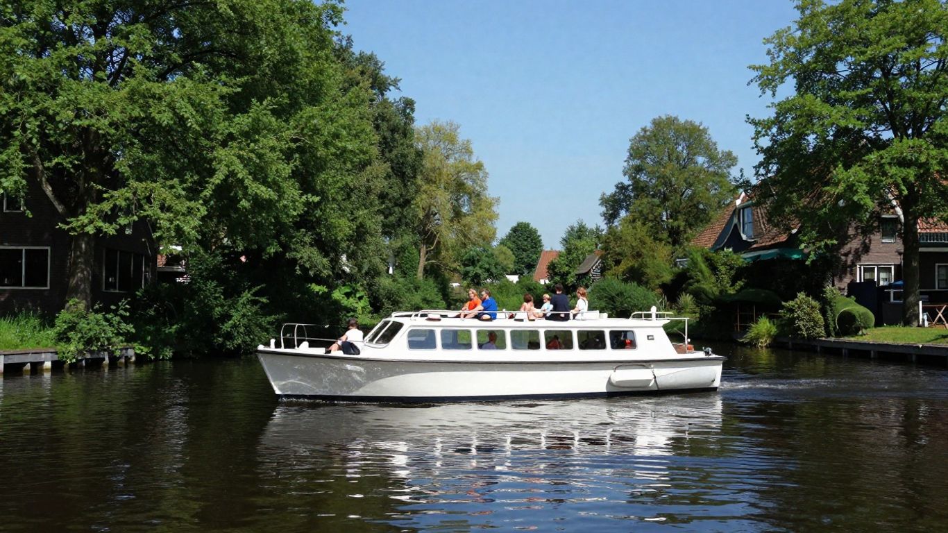 Boot met zes personen op een Friese gracht