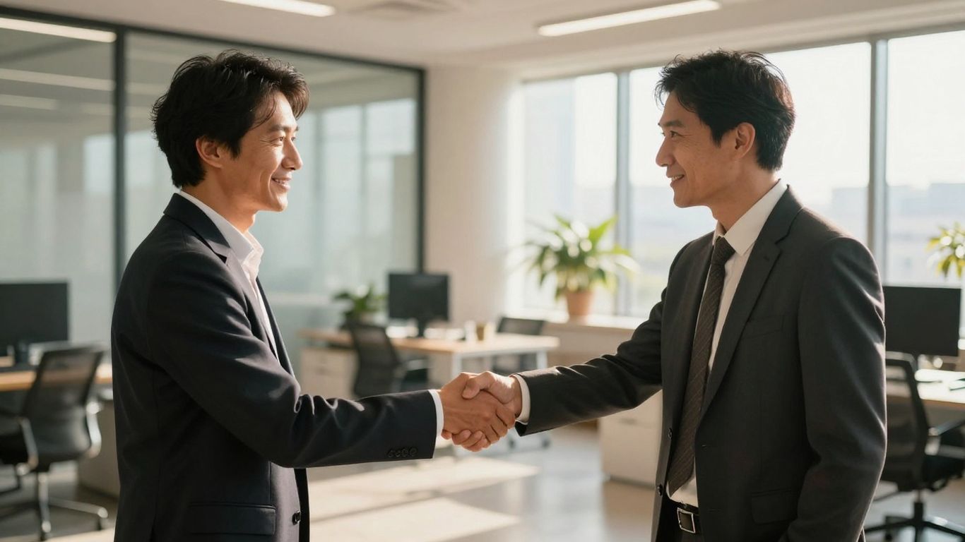 Handshake in front of office building.