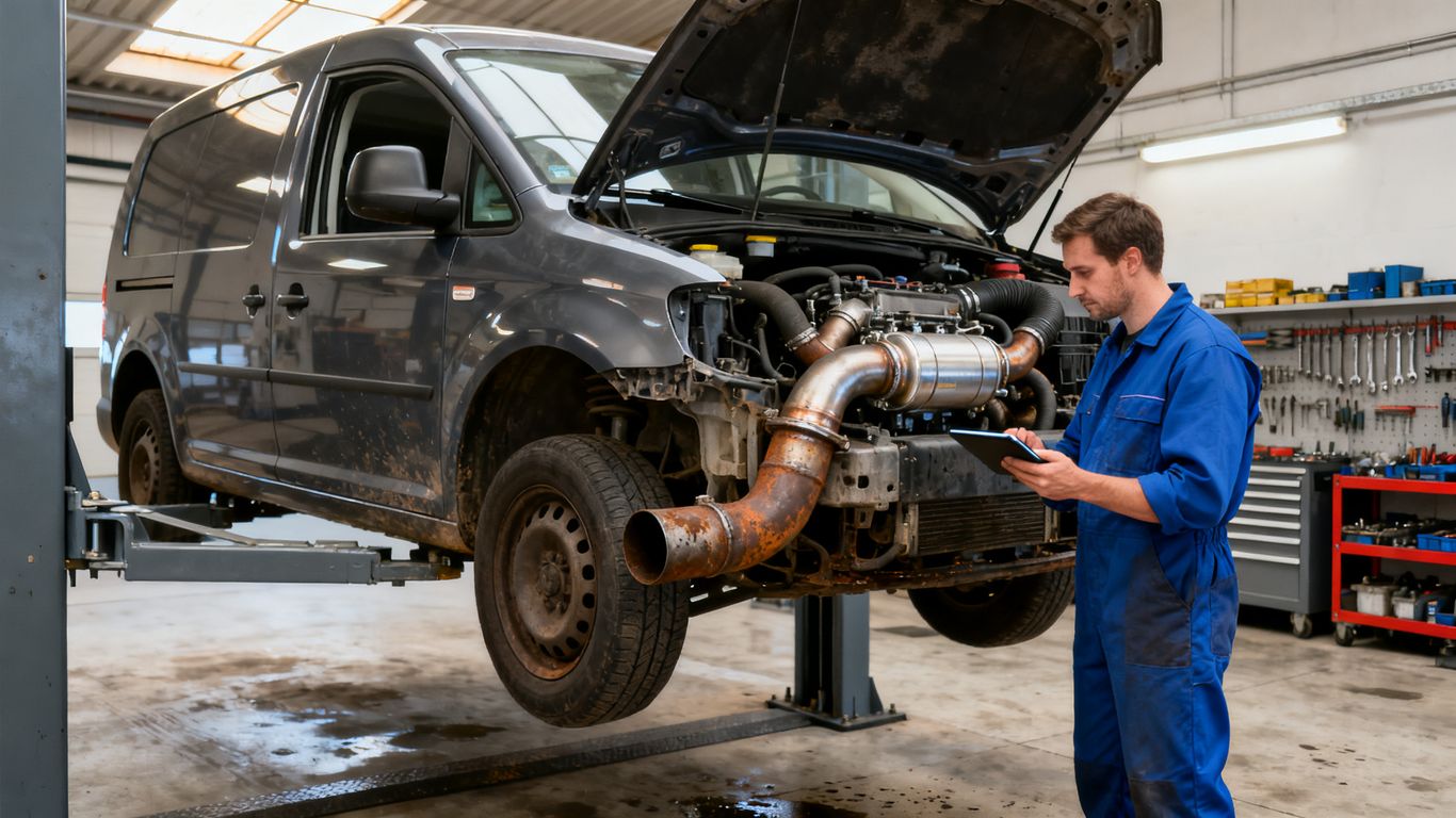 VW Caddy mit Dieseltechnik auf Werkstattbühne