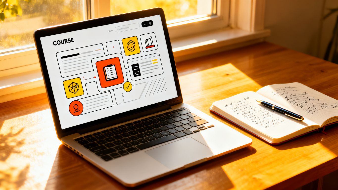 Laptop showing a mini-course interface in a bright workspace.