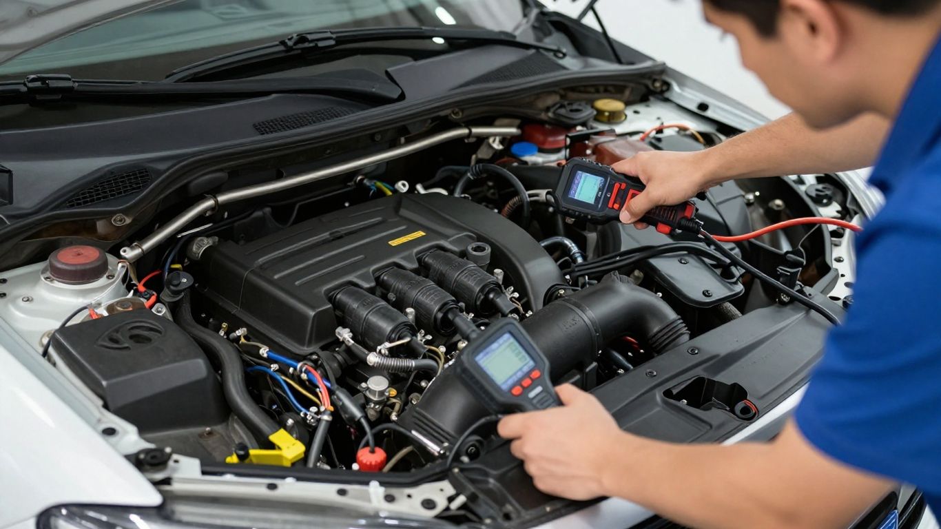 Technician testing Renault engine components
