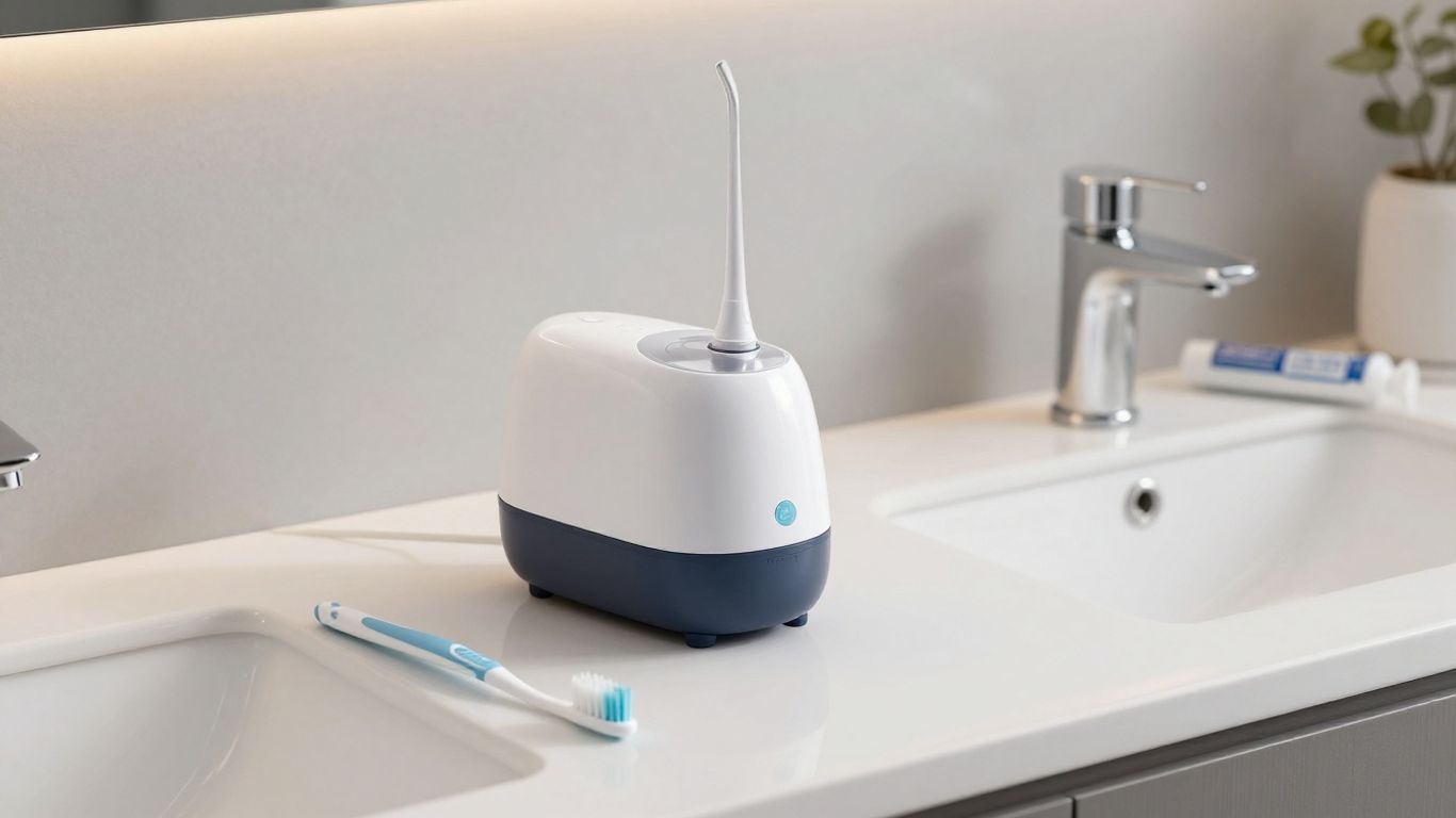 Irrigador dental en un baño moderno.