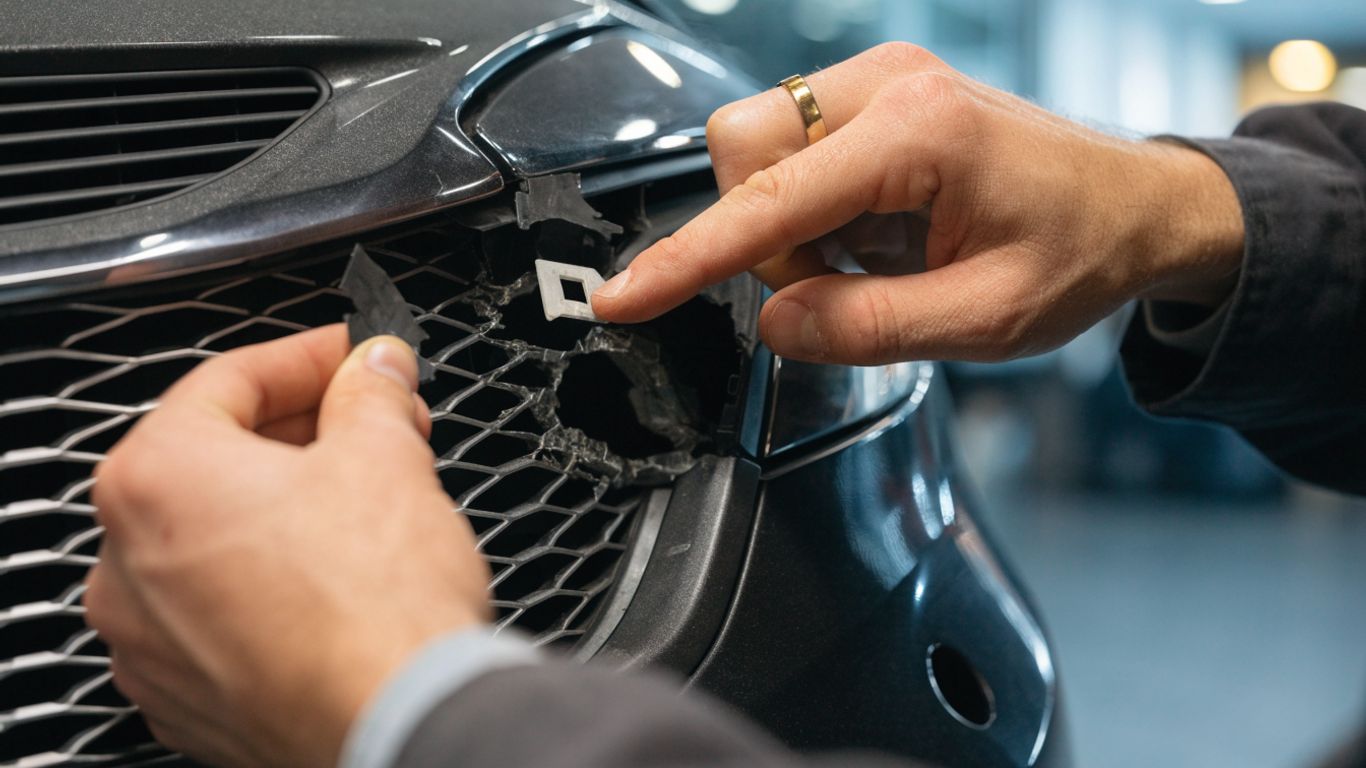 Close inspection of a damaged vehicle grille