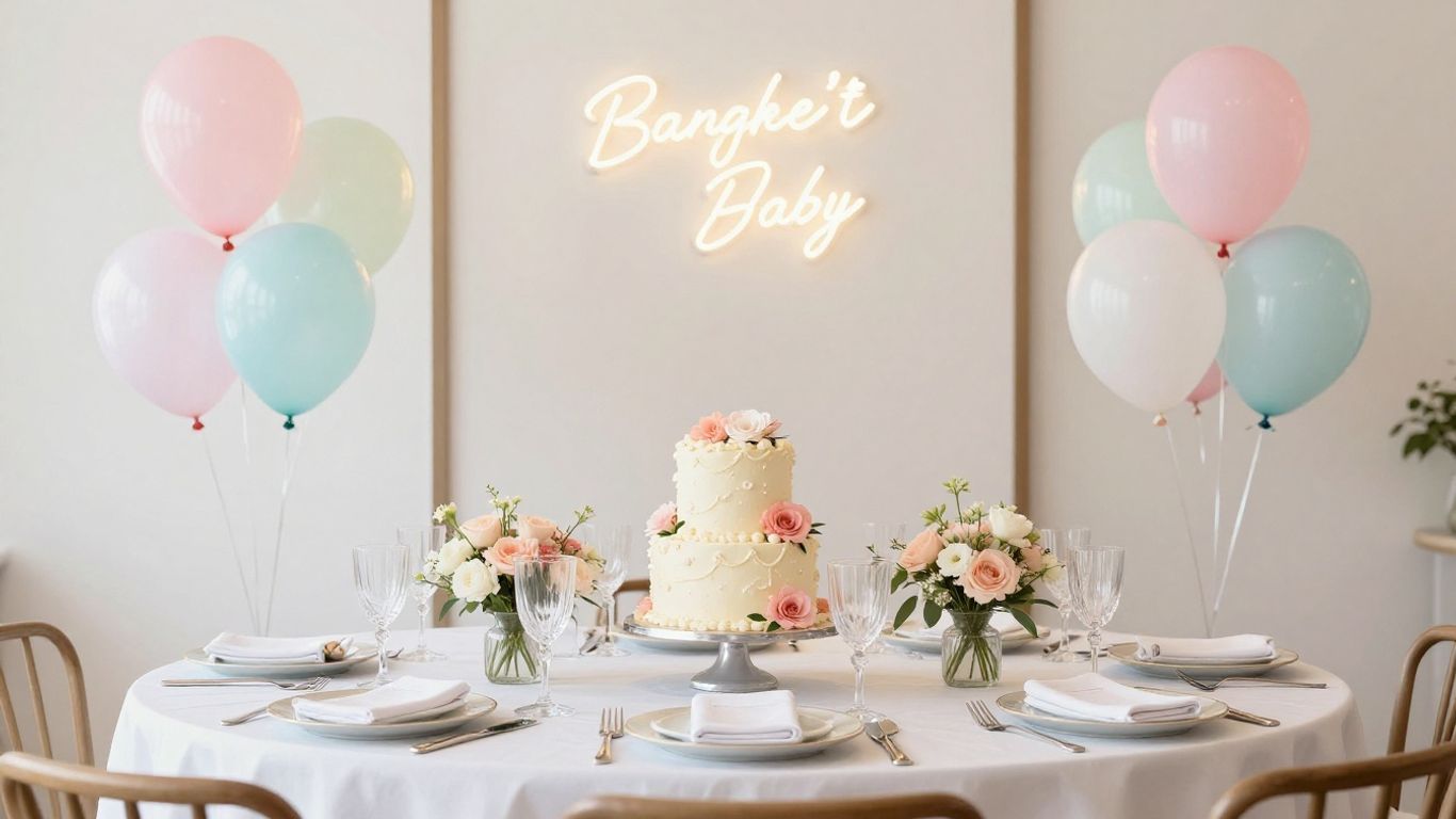 Elegant baby shower venue with balloons and cake.